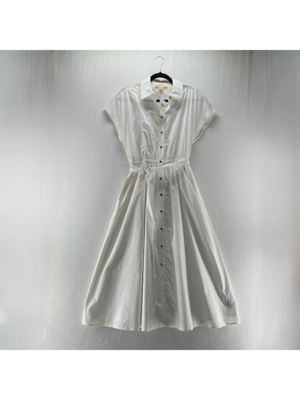 Michael Kors Cotton Poplin Midi Shirt Dress Sz M Belted Cuffed Slip Liner White - Picture 2 of 15